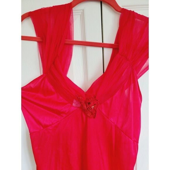 Cachet Lingerie M Long Satin & Lace Gown Negligee Red Vintage Beaded 1980's - Picture 2 of 8